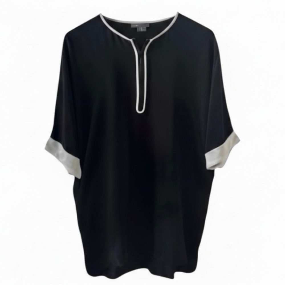 Vince Black with White Trim Short Sleeve Silk Blouse Size Small